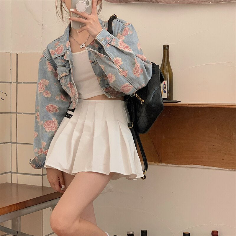 Rose Pattern Loose Short Jeans Jacket