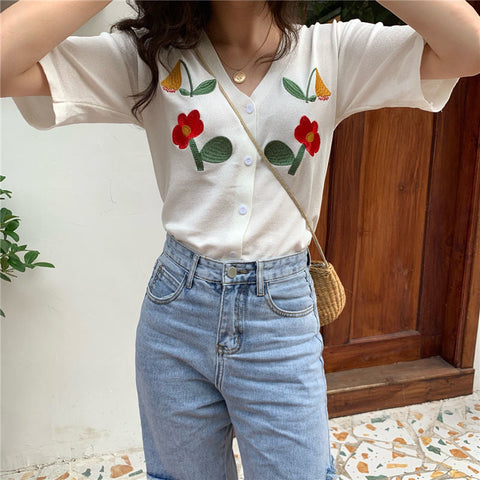 Sweet V-Neck Flowers Embroidered Shirts