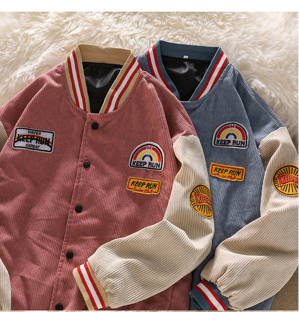 Retro Letter Embroidered Corduroy Baseball Jacket