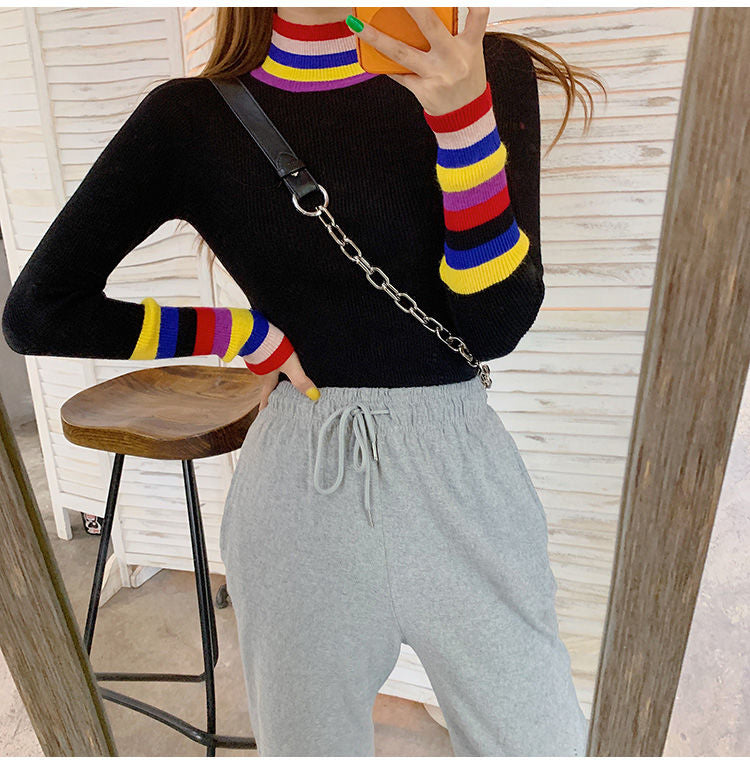 Rainbow Patchwork Turtleneck Knitted Slim Sweater