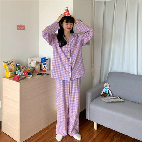 Plaid Grid Pattern 2Pcs Pajamas Set