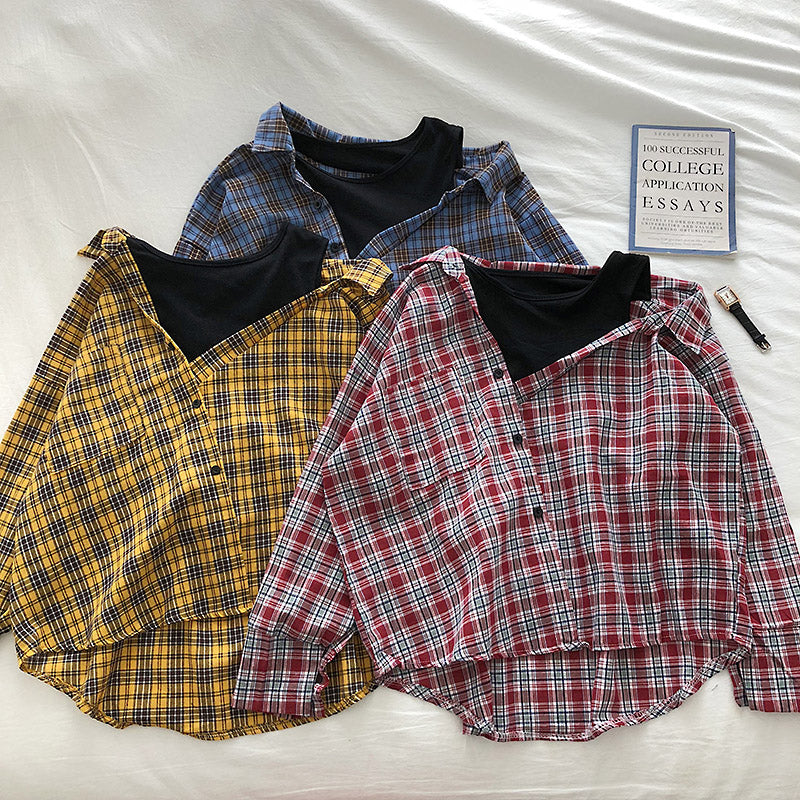 Stitching Fake Two Piece Plaid Shirt