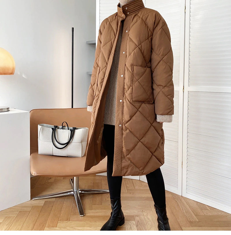 Casual Stand Collar Argyle Pattern Oversized Parka Jacket