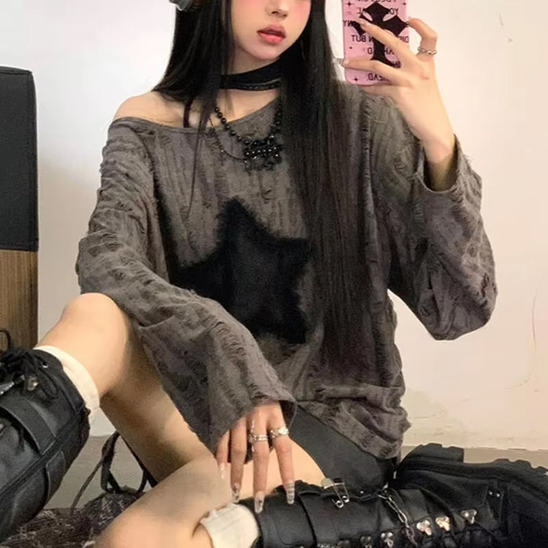 Long Sleeve Off Shoulder Star Patchwork Ripped Shirt
