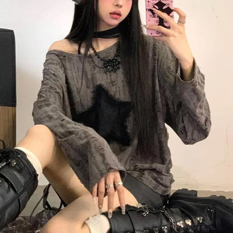 Long Sleeve Off Shoulder Star Patchwork Ripped Shirt