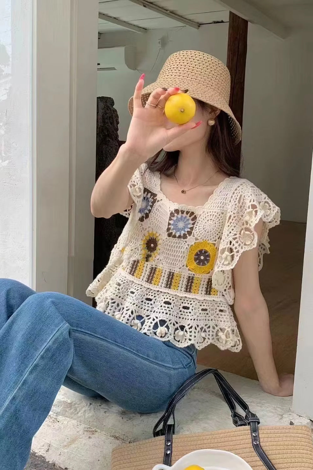 Square Neck Knitted Embroidered Lace Crochet Shirts