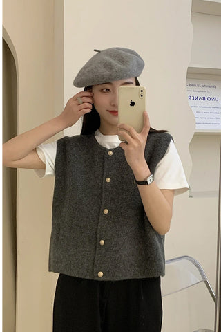 Loose O-Neck Button Knitted Vest Sweater