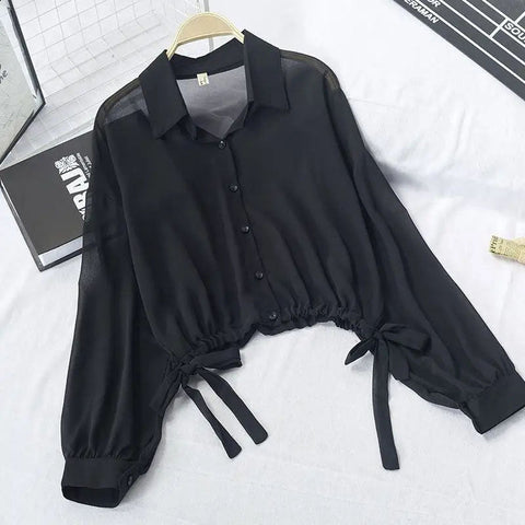 Rope Strap Sun Screen Thin Transparent Shirt