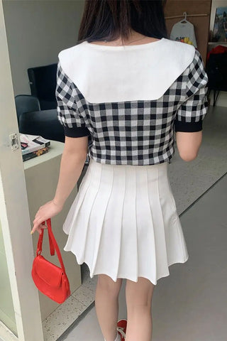 Short Sleeve Drawstring Cute Plaid Doll Collar Shirt