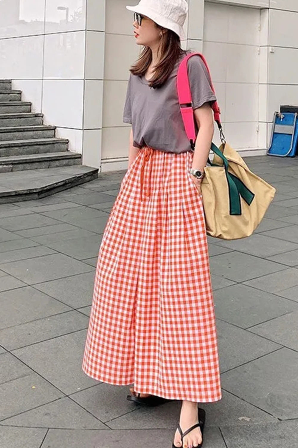 Retro Plaid Elastic Waist Wide Leg Loose Pants