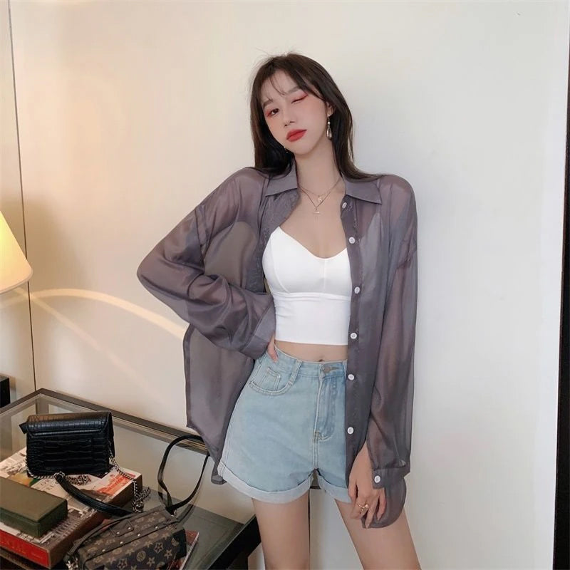 Camisa blusa transparente con lazo en la espalda suelta 