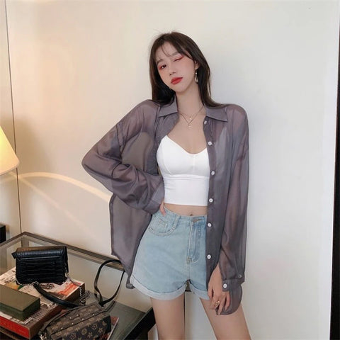Camisa blusa transparente con lazo en la espalda suelta 