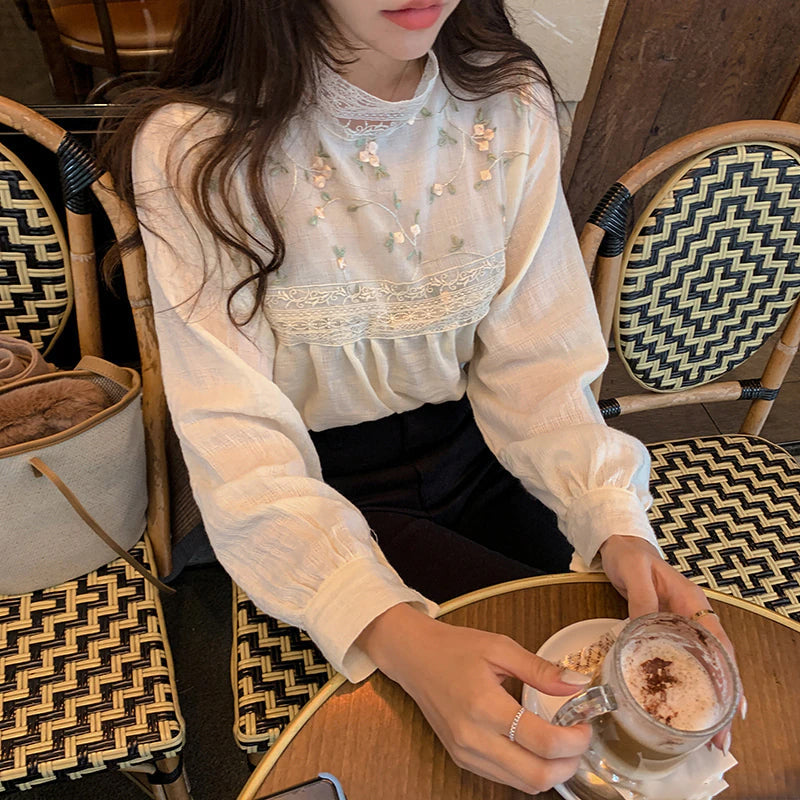 Long Sleeve Lace Stand Collar Floral Embroidery Shirt