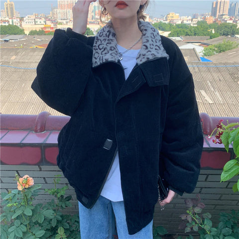 Leopard Collar Loose Warm Corduroy Jacket