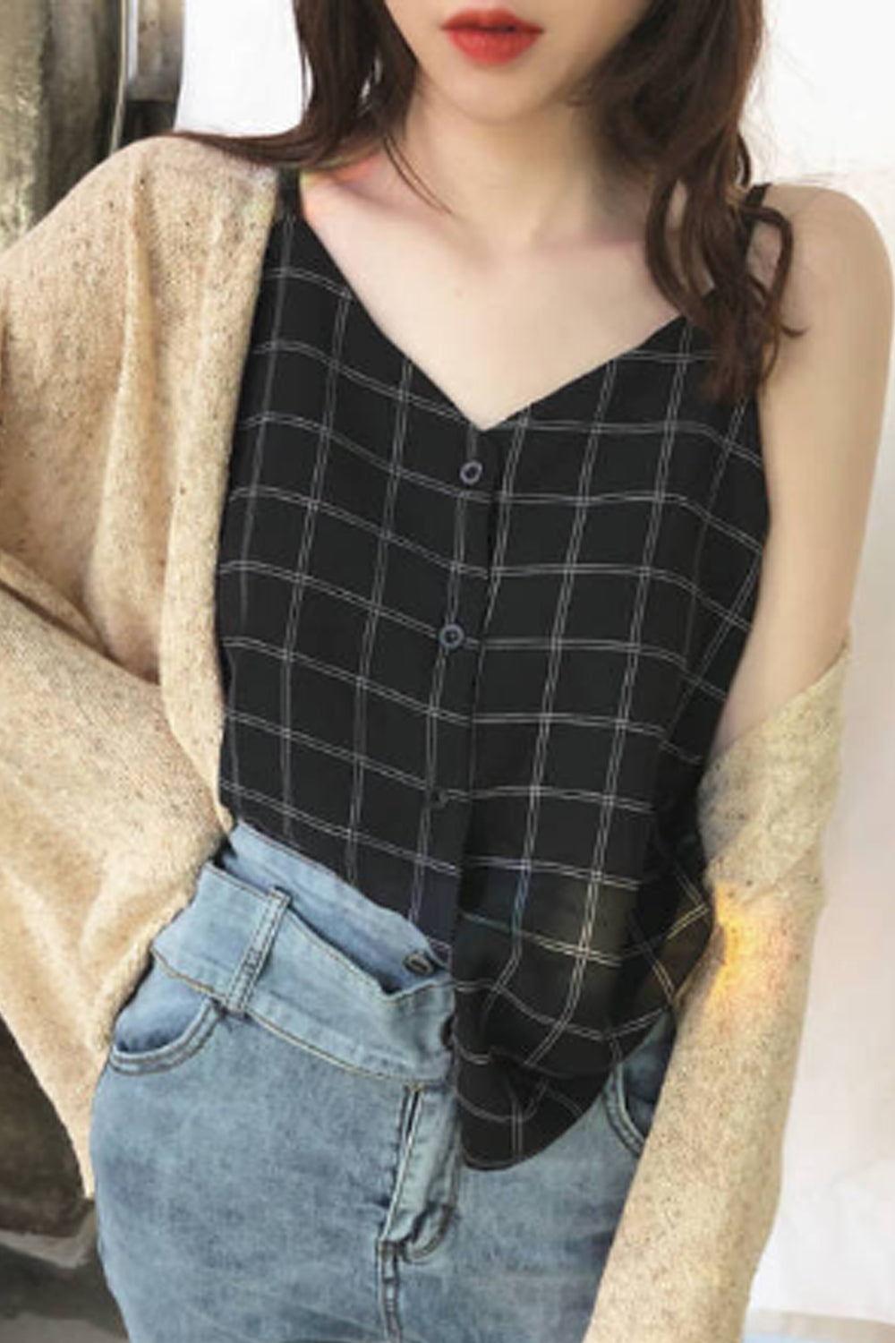 Sexy Plaid V-Neck Tank Top