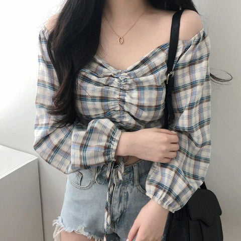 V-Neck Strapless Square Collar Plaid Cropped Blouse