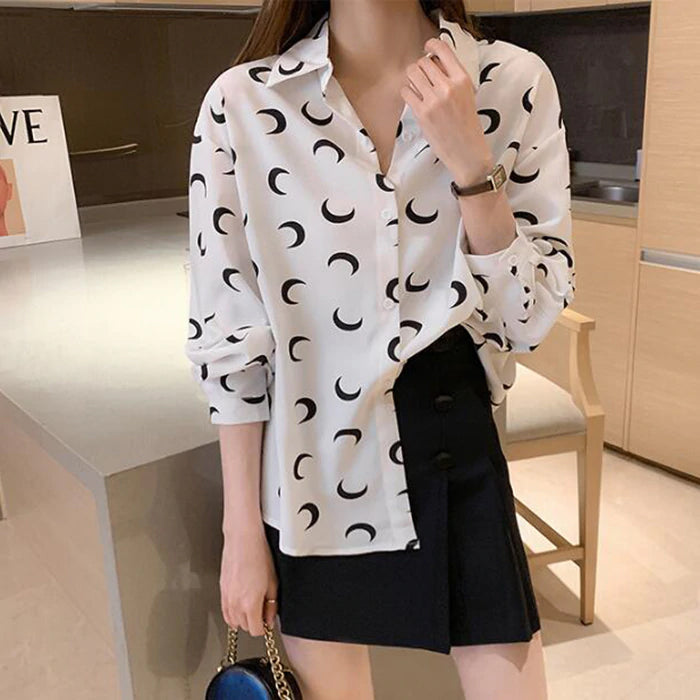 Moon Printed Turn Down Collar Long Sleeve Blouse Shirt