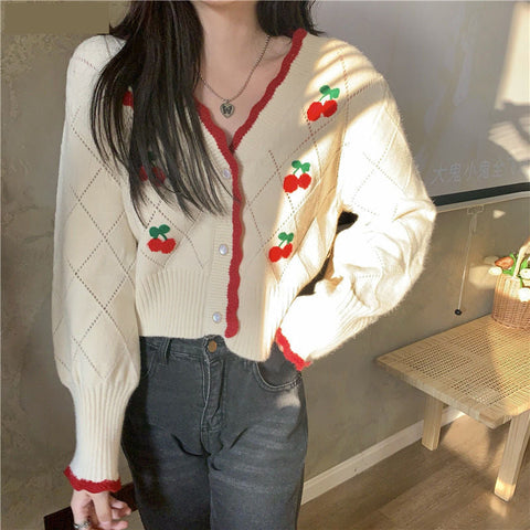 V-Neck Cherry Printed Retro Cardigan Sweater