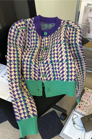 Long Sleeve Cute Colors Houndstooth Cardigan Sweater