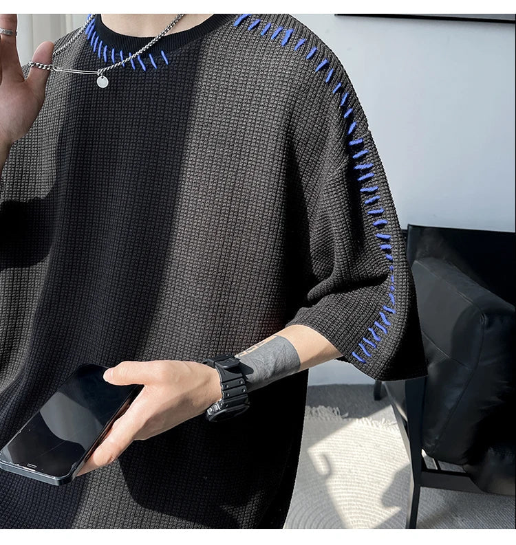 Loose Short Sleeve Suture Pattern Men Shirt