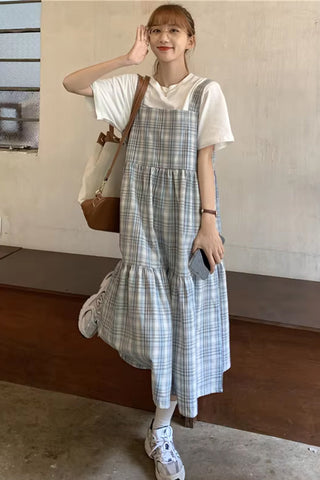Square Collar Lovely Plaid Long Dress