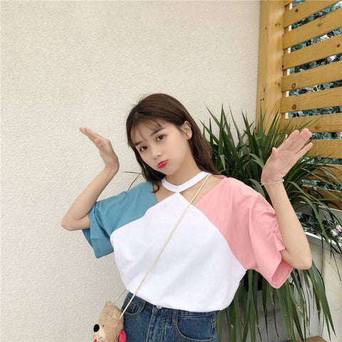 Hanging Neck Patchwork Colors Loose Shirt