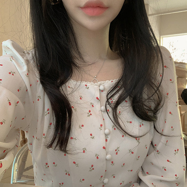 Little Flowers Pattern Square Collar Blouse Shirt