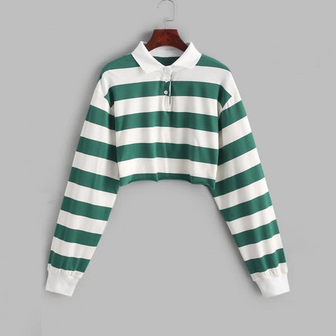 Colors Striped Long Sleeve Collar Cropped Shirt