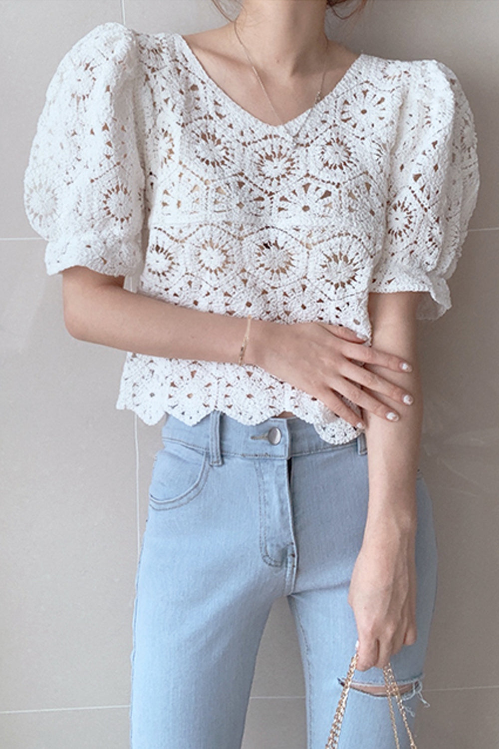 Puff Sleeve Lace Hollow Out Elegant Shirt