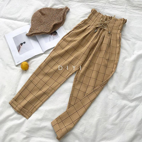 Solid Retro Plaid Lace Up Wide Leg Ankle Length Pants