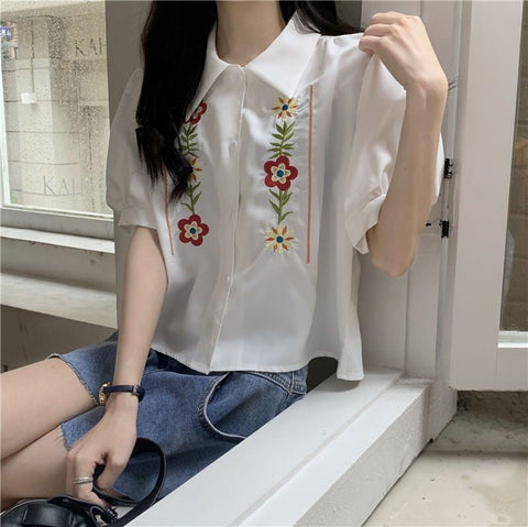 Short Sleeve Flower Embroidered Blouse Shirt