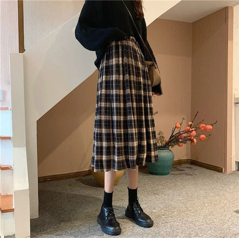 Elastic Waist Solid Plaid Pleated Long Skirts