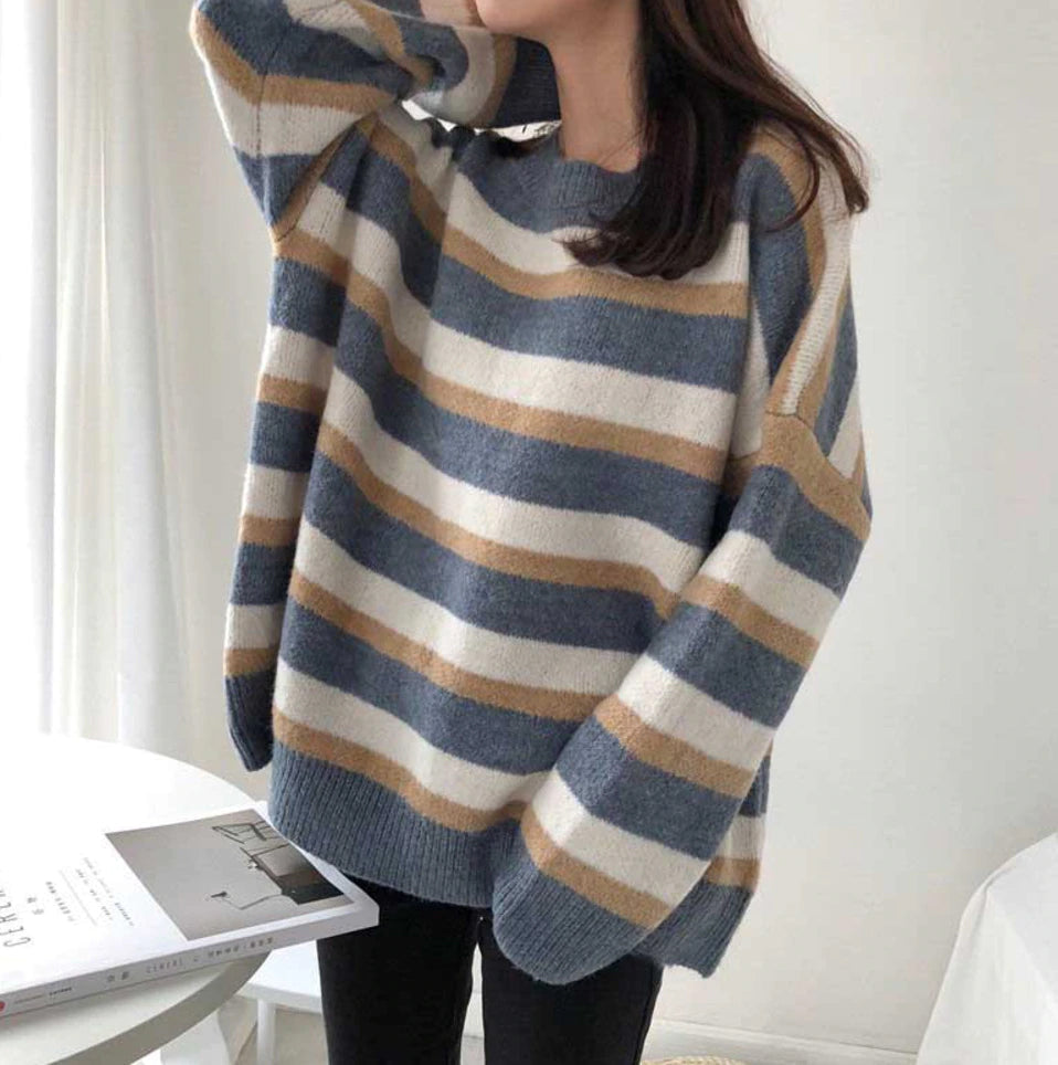 Loose Long Knitted Striped Sweater