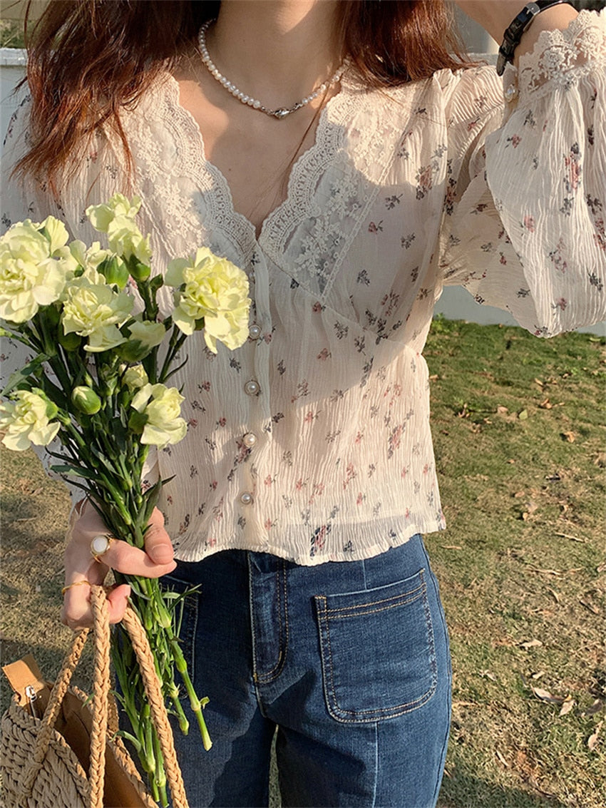 Florals Printed Transparent French Vintage Blouse Shirt