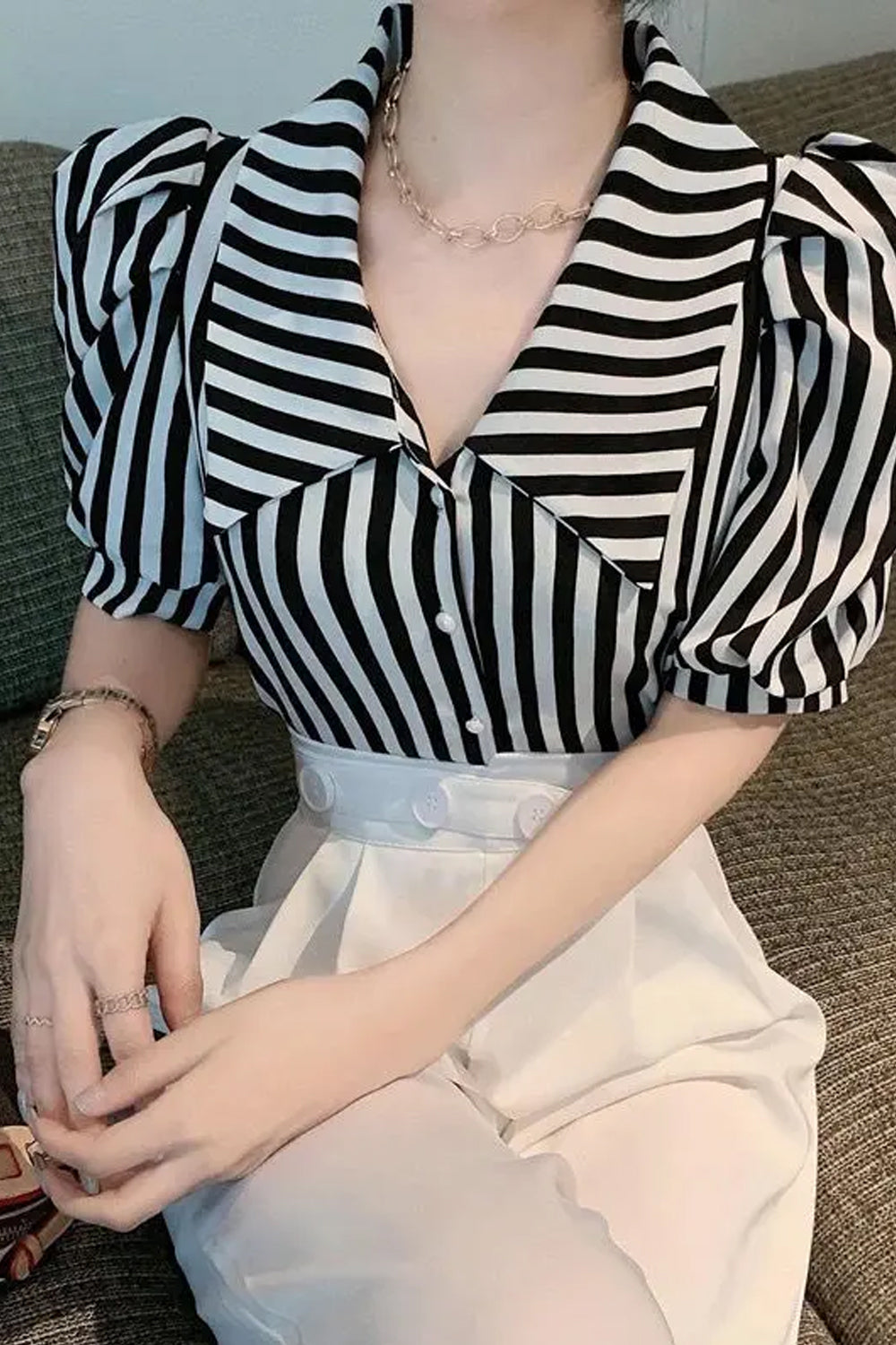 Striped Puff Sleeve Turn Down Collar Blouse Shirt