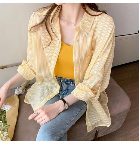 Striped Sun Proof Chiffon Office Blouse Shirt