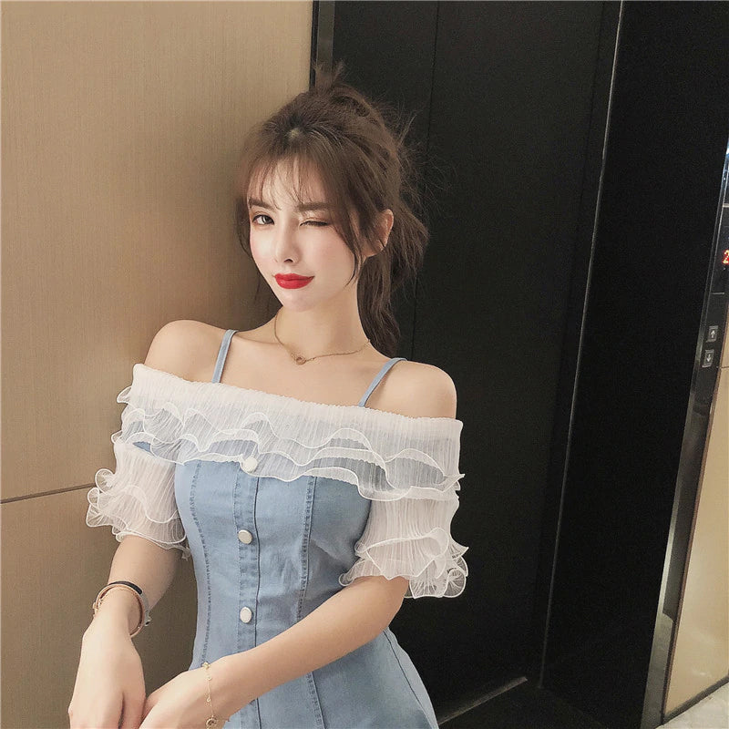 Ruffles Sexy Off Shoulder Denim Dress