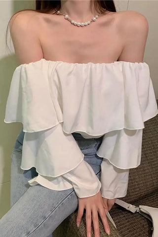 Long Sleeve Sexy Off Shoulder Ruffle Cropped Shirt