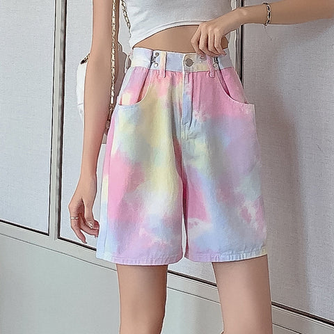 Pantalones cortos vaqueros de pierna ancha con efecto tie-dye y cintura alta