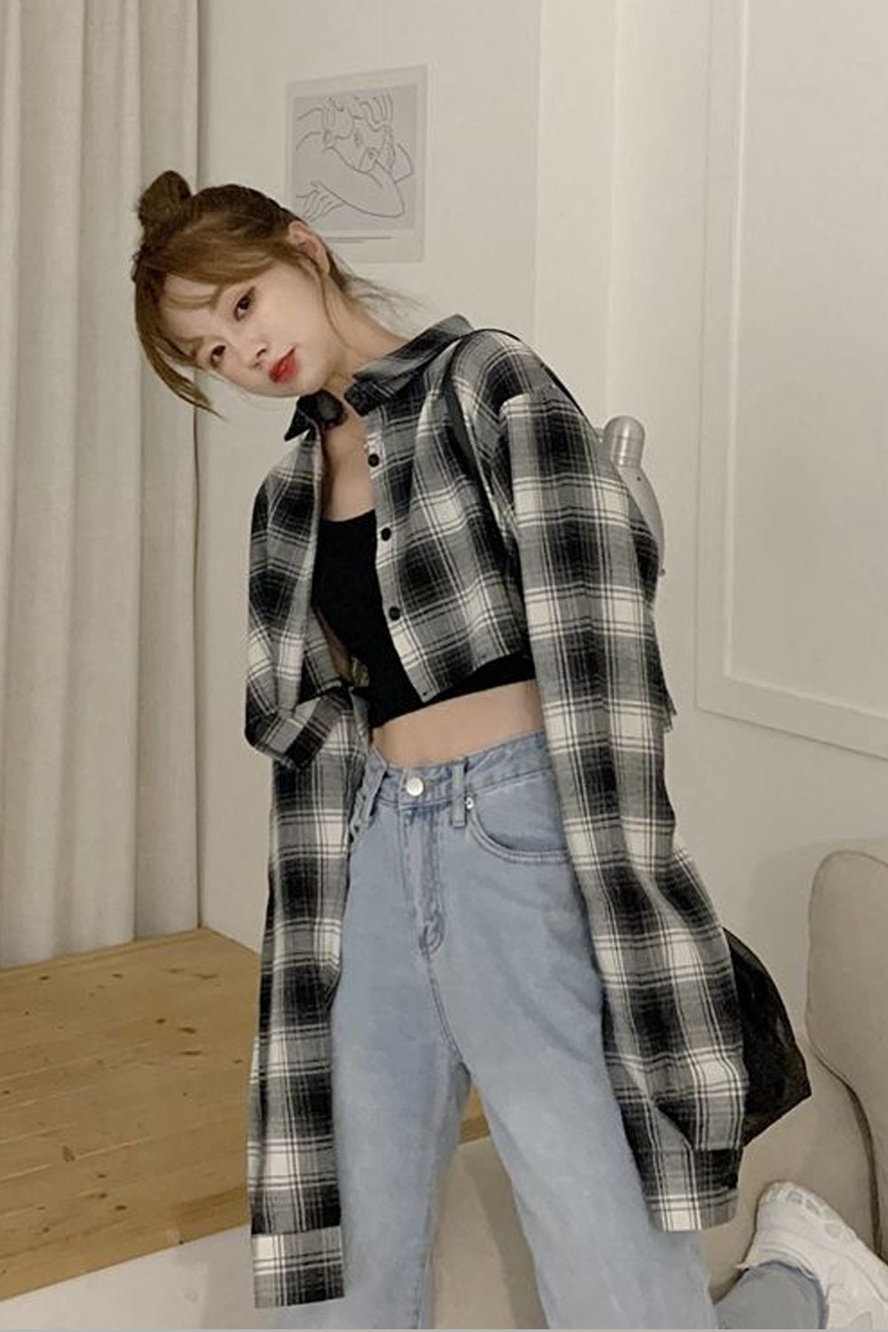 Long Sleeve Sexy Plaid Cropped Shirt