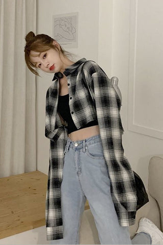 Long Sleeve Sexy Plaid Cropped Shirt