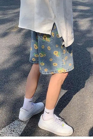 Casual Sun Flower Pattern Denim Men Shorts Pants