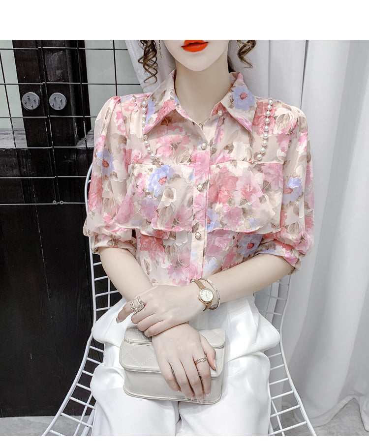 Blusa de gasa con volantes y cuentas de perlas 