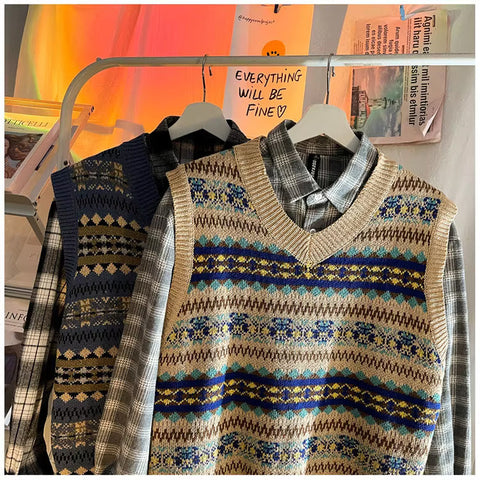 V-Neck Retro Style Pattern Sleeveless Vest Sweater