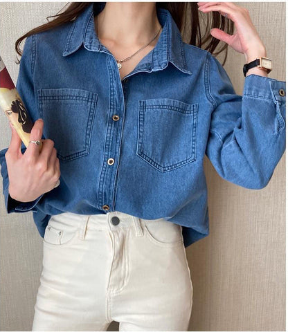 Camisa blusa elegante de mezclilla vintage suelta 
