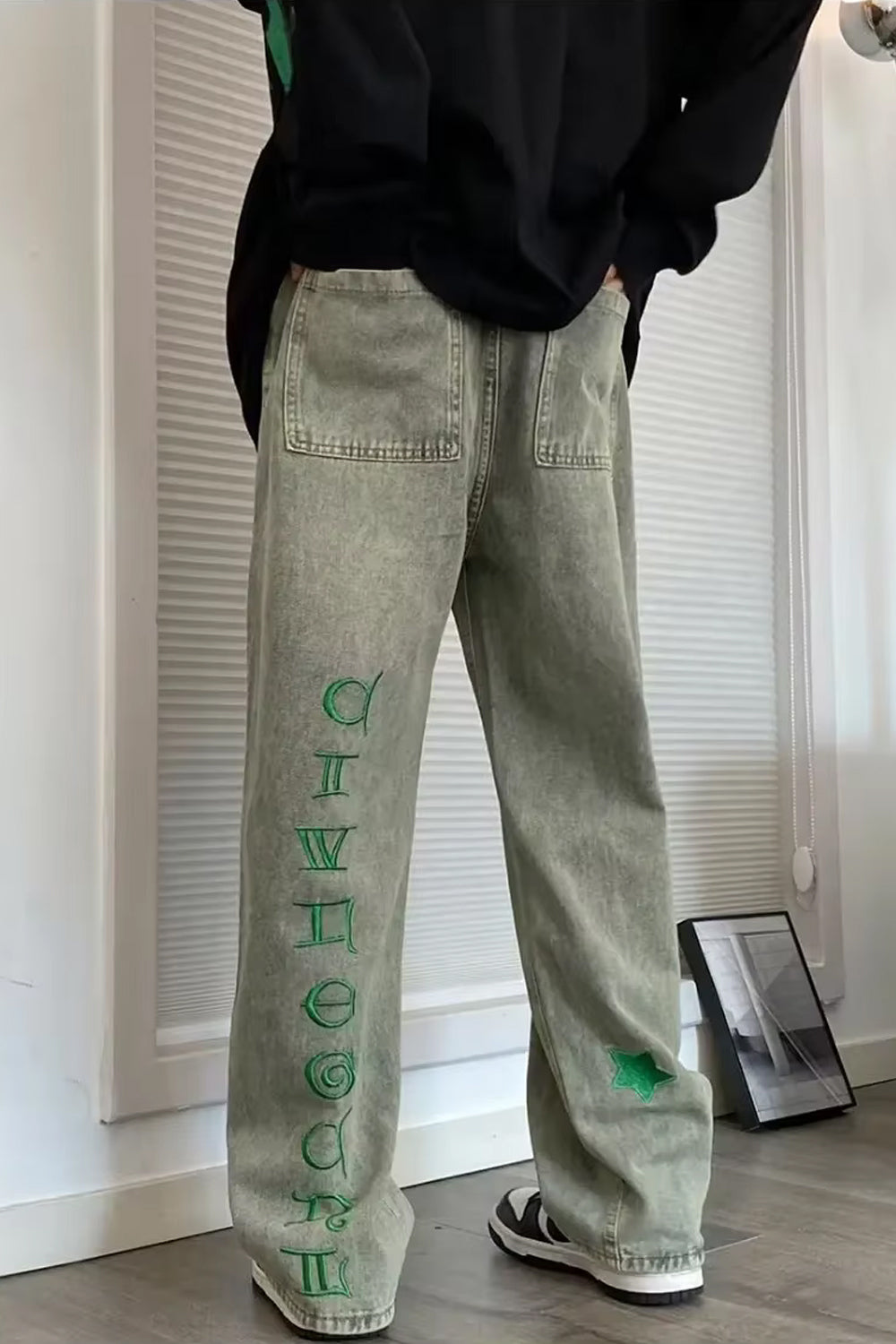 Hip Hop Green Stars Embroidered Jeans Pants