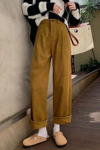 High Waist Casual Pockets Long Corduroy Pants