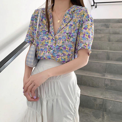 Notched Collar Floral Pattern Blouse Shirt