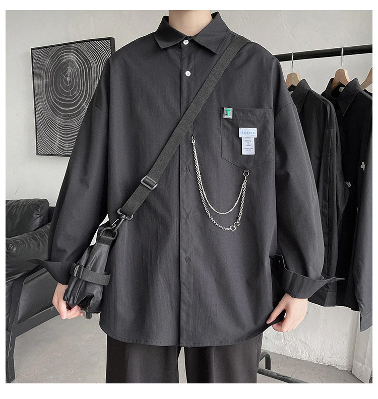 Long Sleeve Loose Casual Men Shirt With Chain