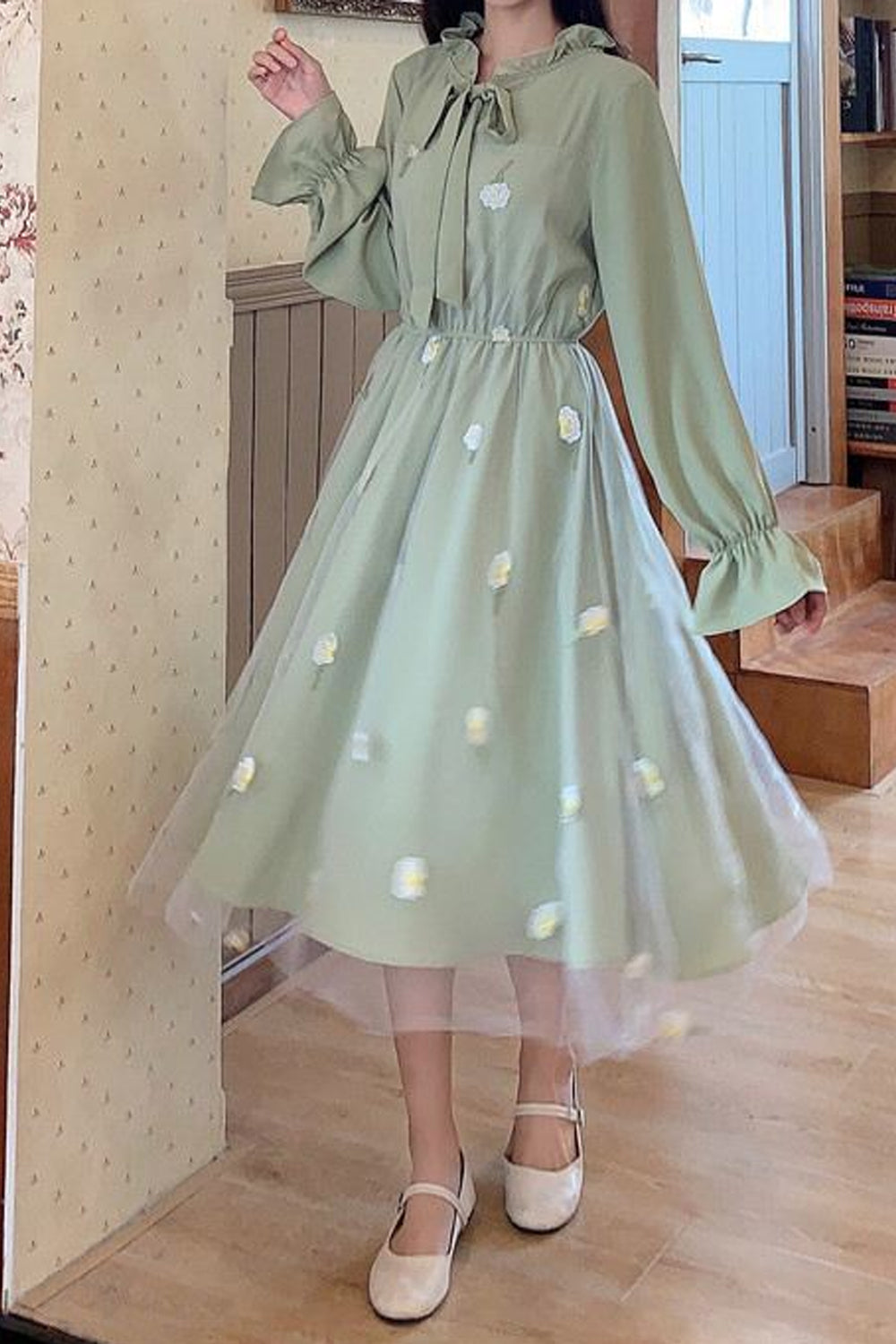 Long Sleeve Mesh Elegant Sweet Midi Dress